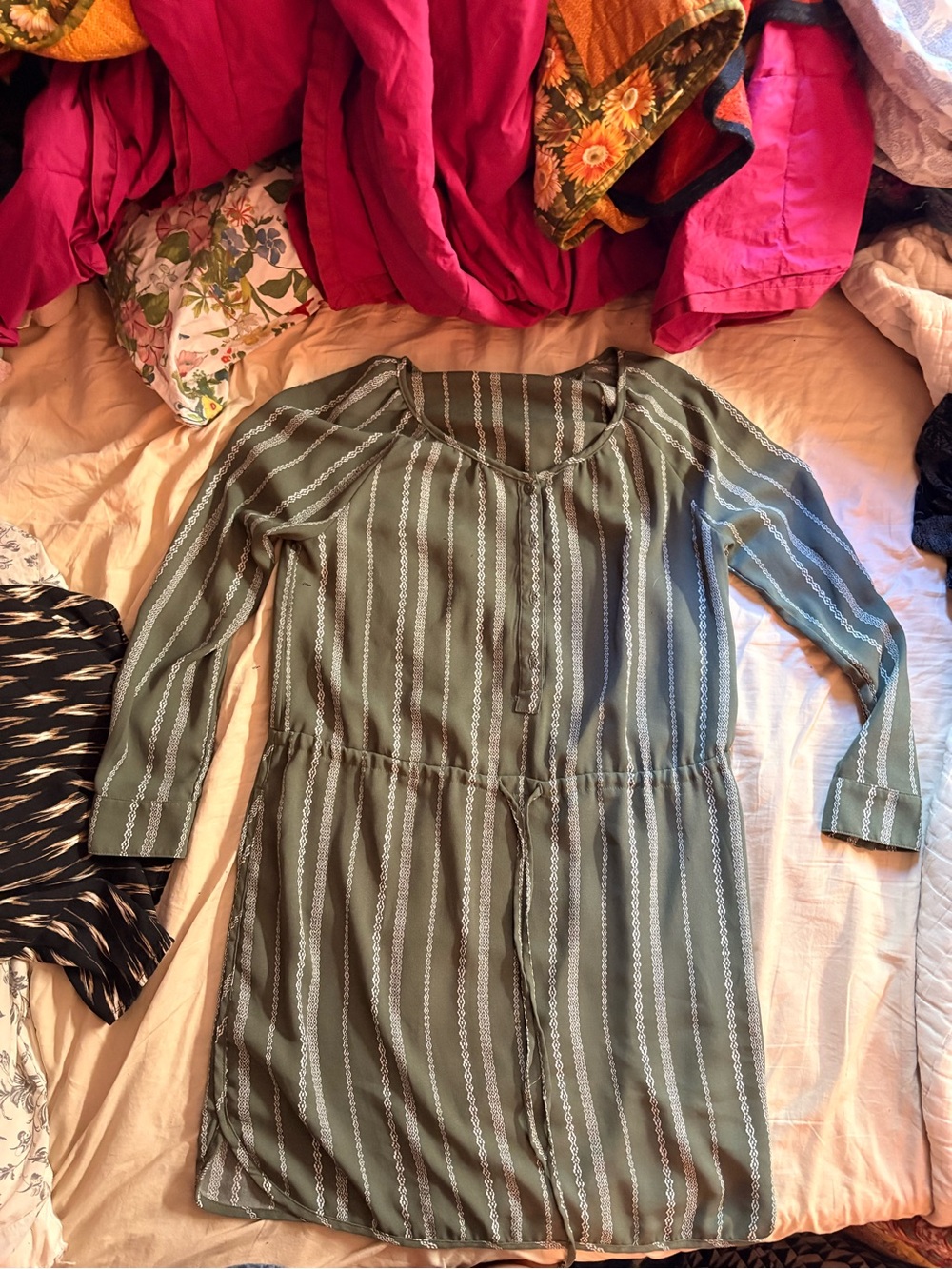 GAP Olive Green Striped Tie-Waist Midi Dress
